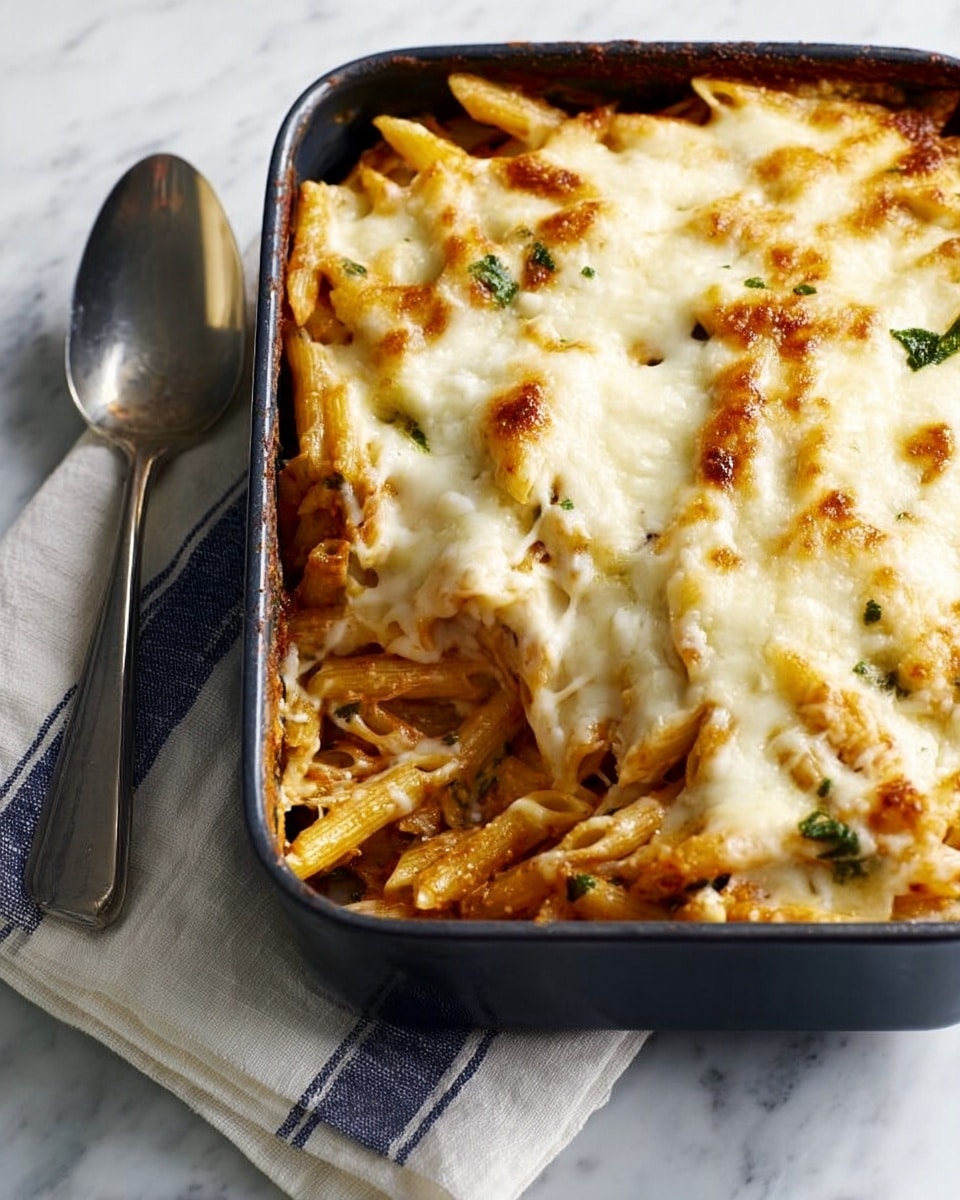 A rectangular black baking dish filled with two visible layers: the bottom layer is light pasta pieces mixed with a creamy, light brown sauce, and the top layer is melted white cheese that covers most of the pasta, with some areas showing the pasta underneath. The dish is placed on a white marbled surface with a silver spoon on the right next to a striped cloth. A woman's hand holds the edge of the baking dish on the bottom left corner. Photo taken with an iphone --ar 4:5 --v 7