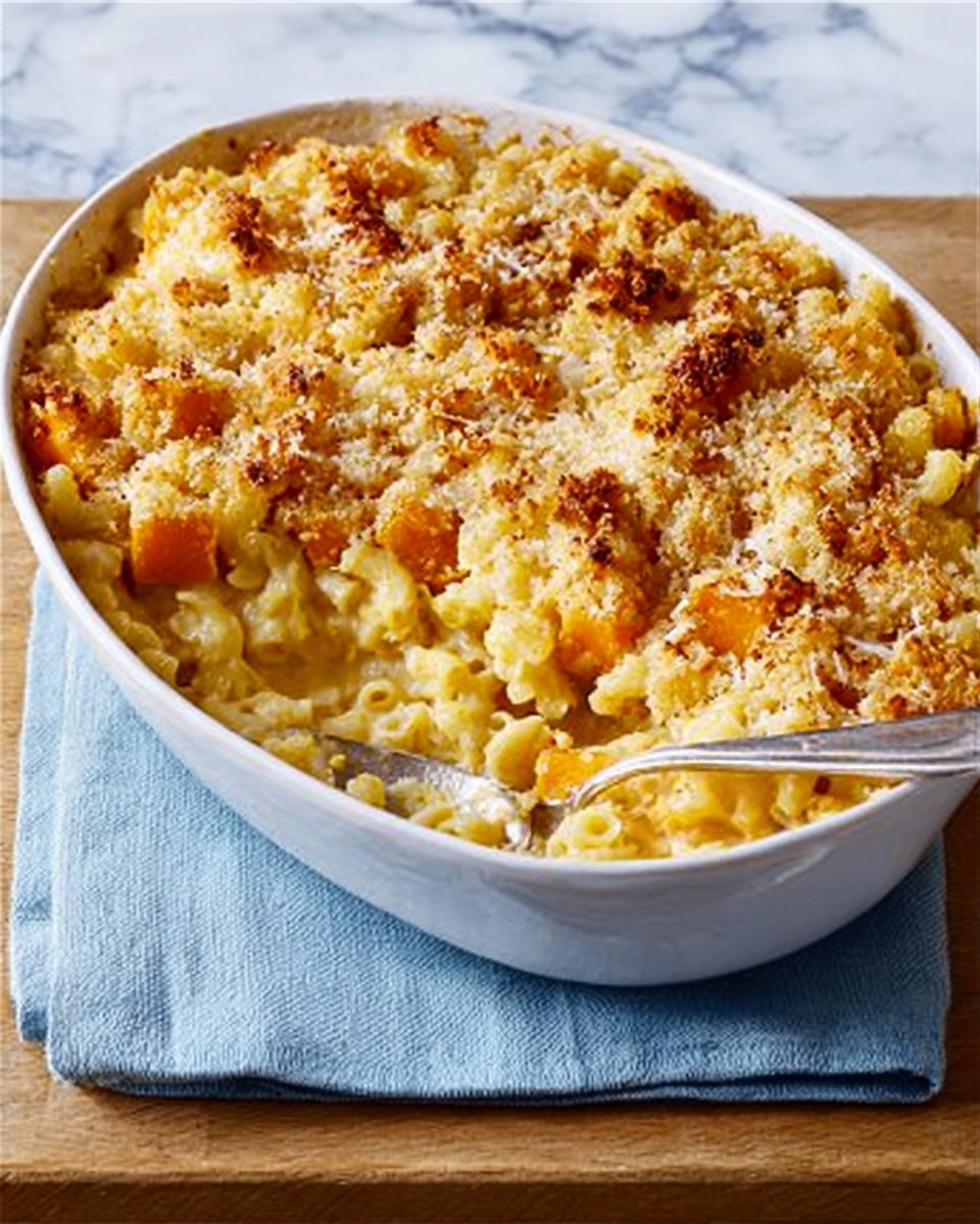 The image shows a white oval baking dish filled with creamy baked macaroni and cheese. The top layer is golden brown with crispy bits and small chunks of roasted orange butternut squash scattered throughout. A silver spoon rests inside the dish where a scoop has been taken out, revealing the soft, cheesy pasta underneath that is pale yellow with a smooth texture. The dish is placed on a light blue cloth on top of a wooden board, set against a white marbled surface. Photo taken with an iphone --ar 4:5 --v 7