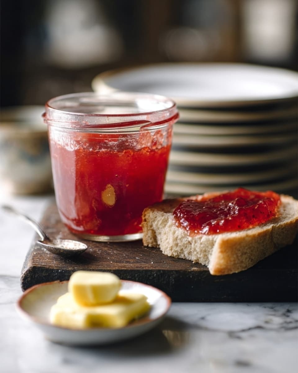 A small glass jar filled with thick red jam is placed on a dark wooden board. Next to the jar, there are two slices of bread, one plain and the other spread with the red jam, showing a shiny texture. A small silver spoon rests beside the jar on the board. In the foreground, there is a small white plate with some yellow butter pieces on it. The whole scene is set on a white marbled surface, giving a clean and simple look. Photo taken with an iphone --ar 4:5 --v 7
