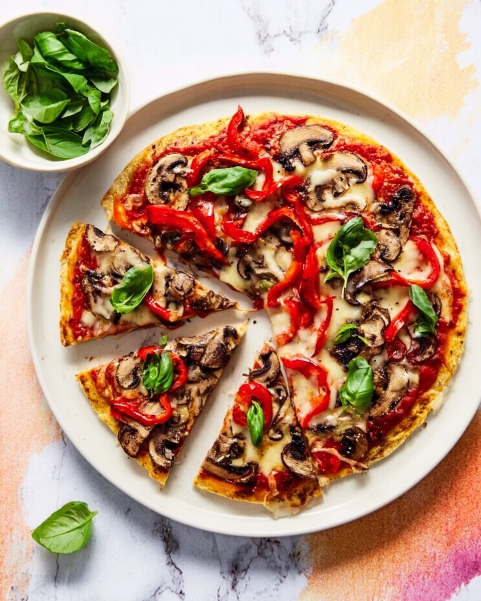 A white plate holds a pizza cut into six slices, with two slices slightly separated from the rest. The pizza has a thin, golden crust as the bottom layer. Above the crust is a bright red tomato sauce spread evenly across, topped with melted cheese that looks soft and slightly browned. On top, there are sliced mushrooms and thin rings of red bell peppers scattered around, combined with fresh green basil leaves that add a pop of color and freshness. The plate rests on a white marbled surface with an orange and yellow textured background. Photo taken with an iphone --ar 4:5 --v 7