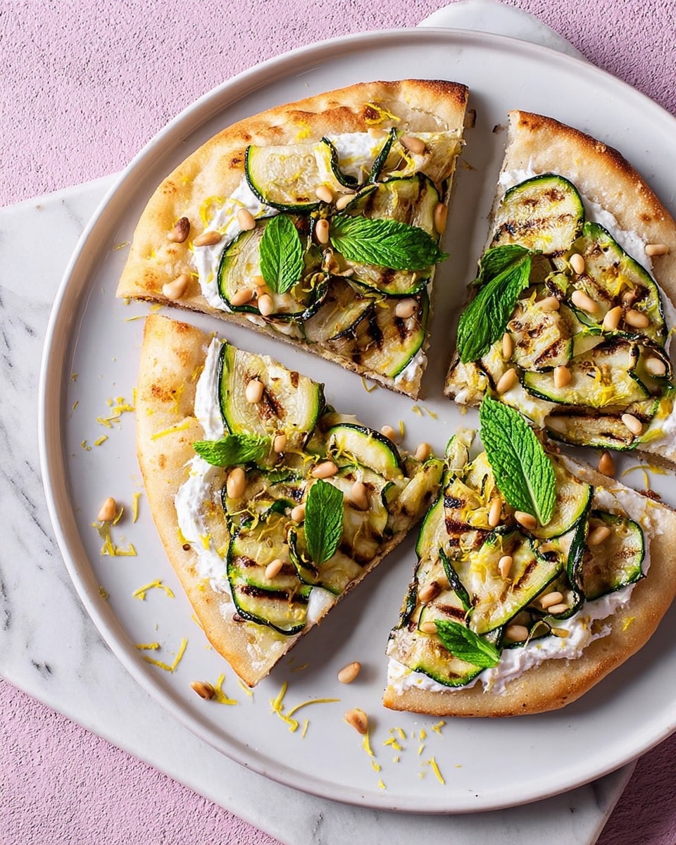 A white plate holds four slices of flatbread pizza arranged in a circle. The flatbread base is golden brown with a slightly crisp texture. On top is a thick layer of white creamy cheese spread. Thin, grilled zucchini strips with dark grill marks lie evenly over the cheese. Small toasted pine nuts are scattered, adding a light golden color and crunch. Fresh green mint leaves are placed on each slice for a pop of color and freshness. The plate rests on a white marbled surface with a patterned cloth napkin partially under it, and there is a knife with some white spread on its blade nearby. Photo taken with an iphone --ar 4:5 --v 7