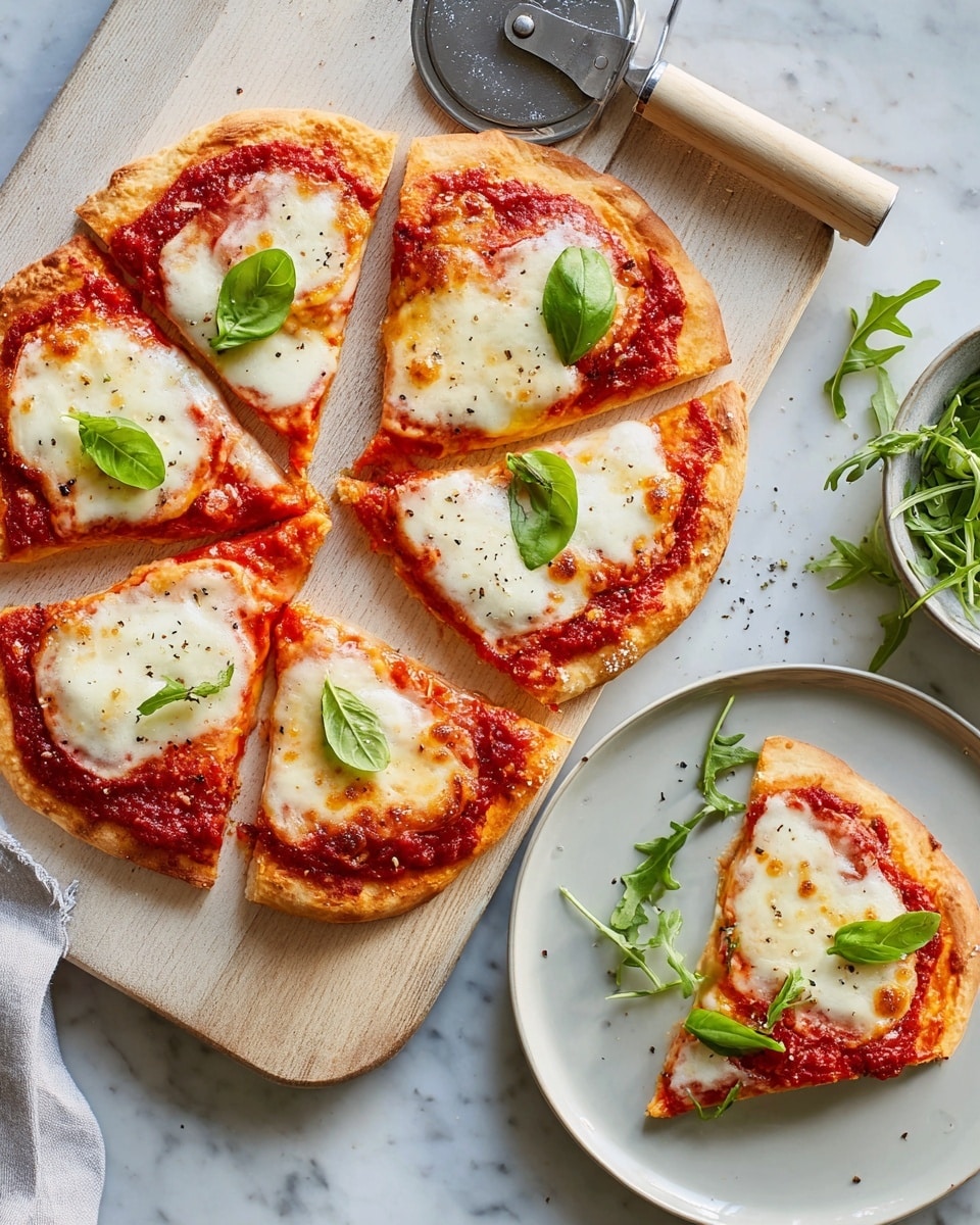 The image shows a freshly baked pizza with a golden crust as the bottom layer, topped with a bright red tomato sauce as the second layer, and scattered with white melted cheese blobs as the third layer. Fresh green basil leaves sit on top, adding a pop of color. The pizza is cut into slices, some placed on the white marbled surface around a wooden board, one slice sitting on a white plate with some green salad leaves next to it. A pizza cutter with a wooden handle rests next to the pizza on the white marbled surface, which is slightly textured and light in color. photo taken with an iphone --ar 4:5 --v 7