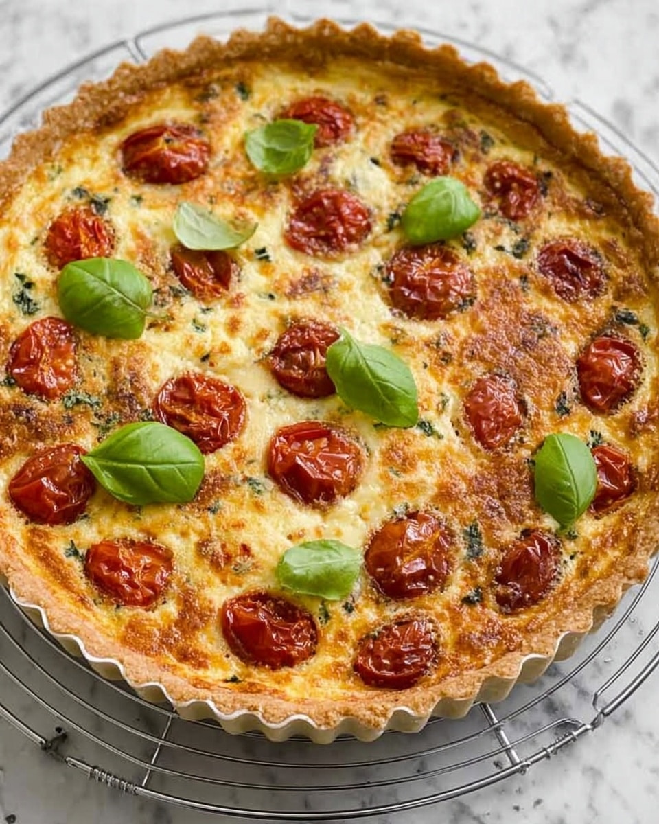 A round quiche with a golden brown crust, filled with a light golden egg mixture. Scattered on top are bright red cherry tomatoes, some slightly roasted and wrinkled, along with fresh green basil leaves placed evenly across the surface. The filling shows hints of melted cheese and small herb pieces giving it texture. The quiche sits on a round white wire rack against a white marbled background. photo taken with an iphone --ar 4:5 --v 7
