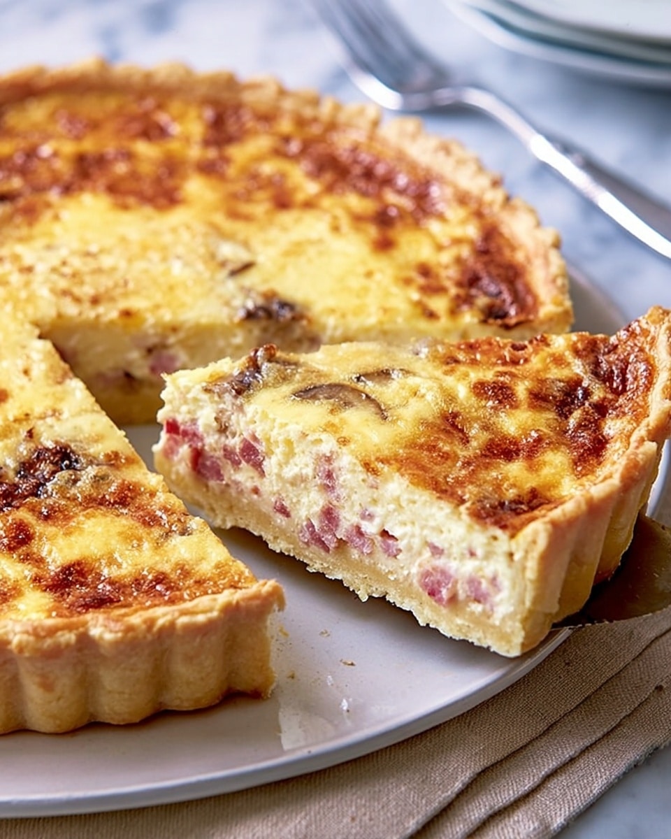 A golden-brown quiche sits on a white plate atop a white marbled surface, with a slice slightly pulled away showing its layers; the bottom crust is firm and light brown, the middle layer is creamy and white with visible bits of pink ham mixed in, and the top layer is a bubbly, golden-yellow cheese that looks melted and slightly browned. Photo taken with an iphone --ar 4:5 --v 7