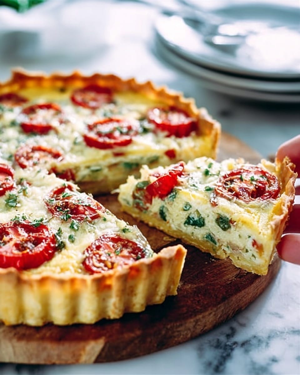 The image shows a round tart with a golden-brown crust that is thick and slightly crumbly. On top, there are several pieces of soft, melted white cheese and bright red tomato slices scattered evenly. Inside the tart, the filling looks creamy with a mix of green herbs or vegetables that add color and texture. The tart is placed on a light wooden board with a few plates stacked in the background, all white, with a white marbled surface beneath. A slice is cut out, showing the inside layers clearly. photo taken with an iphone --ar 4:5 --v 7