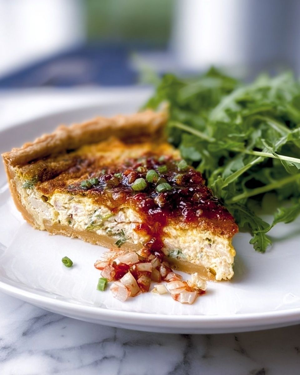 The image shows a single slice of a savory pie with a golden brown top crust and a thick, textured filling inside, which looks creamy with green specks, possibly herbs or vegetables. The slice sits on a white plate, positioned slightly to the right, and is topped with a chunky sauce made of red bits and small white pieces, flowing gently over the side. On the left edge of the plate, there is a small bunch of fresh green herbs that add a fresh touch. The background is a white marbled texture, slightly blurred to keep the focus on the dish. photo taken with an iphone --ar 4:5 --v 7