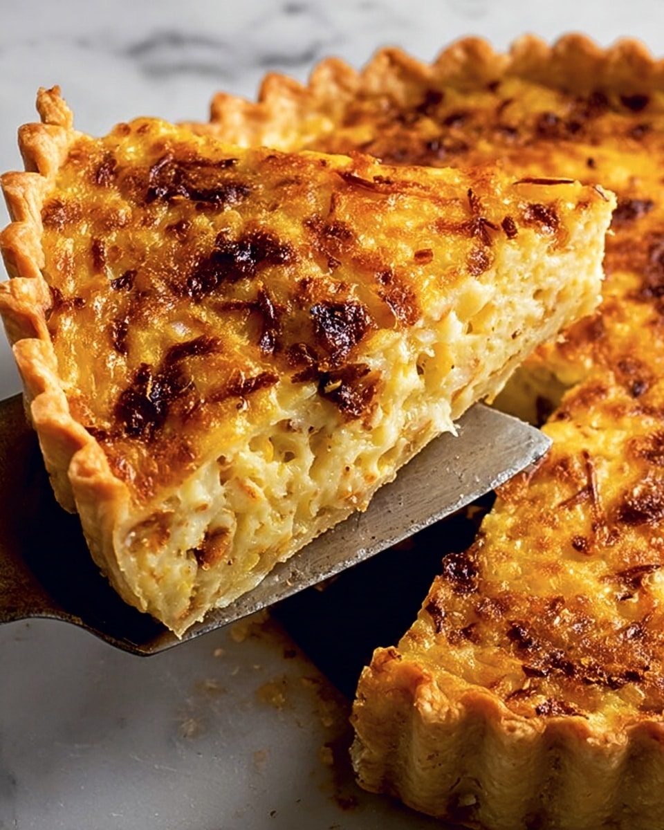 A close-up view of a golden brown tart slice being lifted with a metal spatula from a white marbled surface. The tart has a crisp, scalloped edge crust that is light brown in color. The filling is thick and textured, with a mix of soft yellow cheese and browned crispy bits on top, suggesting it is baked until bubbly and slightly charred. The tart slice is triangular, with the rest of the round tart partially visible around it, showing the same layered crust and cheesy filling. Photo taken with an iphone --ar 4:5 --v 7