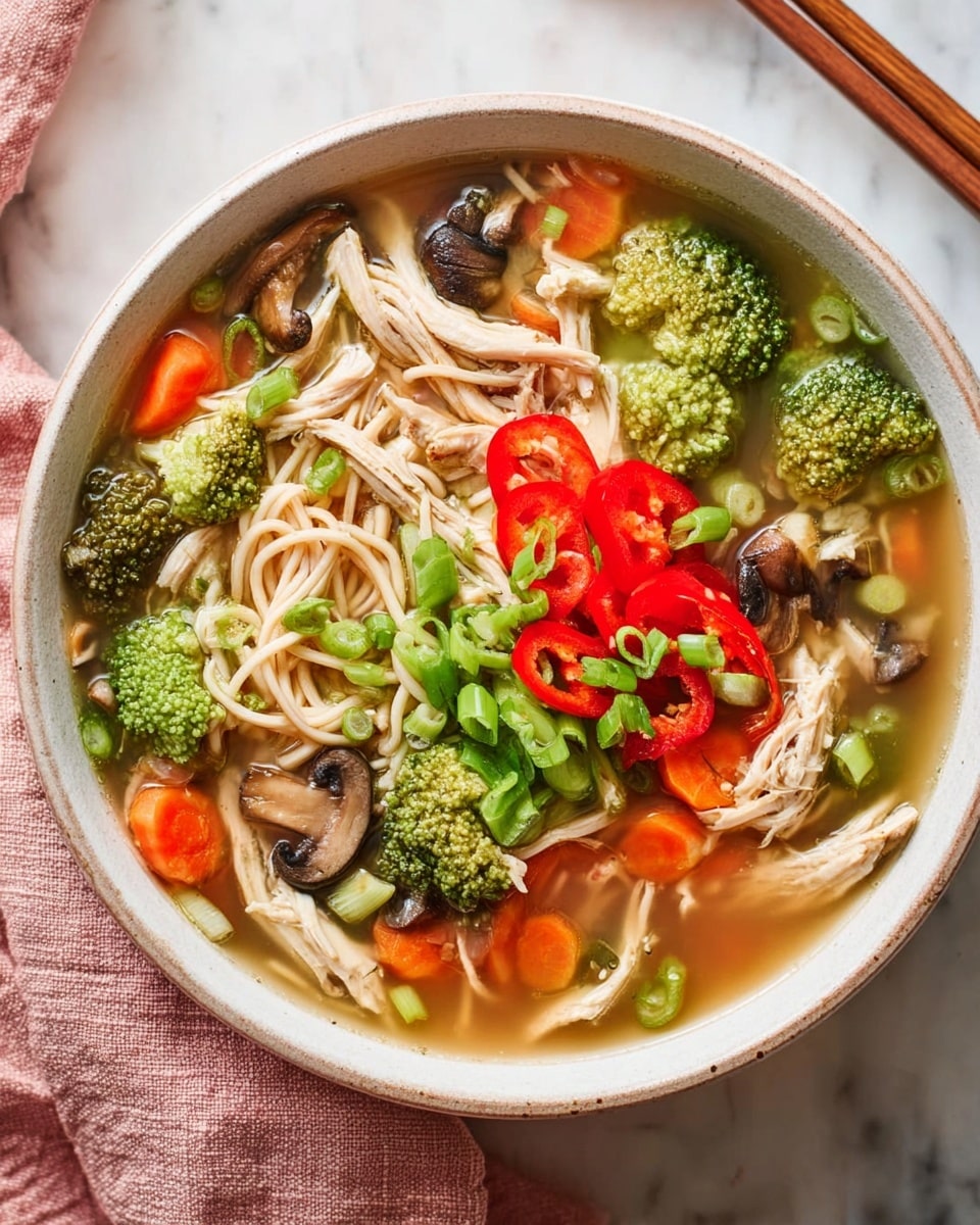 A white bowl holds a fresh noodle soup with several layers visible. The bottom layer is a thin broth with a light brown color. Scattered on the broth are light brown cooked noodles twisted loosely. On top of the noodles, there are pieces of shredded light-colored chicken and bright green broccoli florets. Surrounding these are chunks of orange carrots and curved, pale green celery. Small brown mushroom slices are mixed in the bowl. The soup is topped with bright red sliced chili peppers and a pile of sliced light green scallions in the center. The bowl is placed on a white marbled surface with a soft pink cloth on the side. photo taken with an iphone --ar 4:5 --v 7