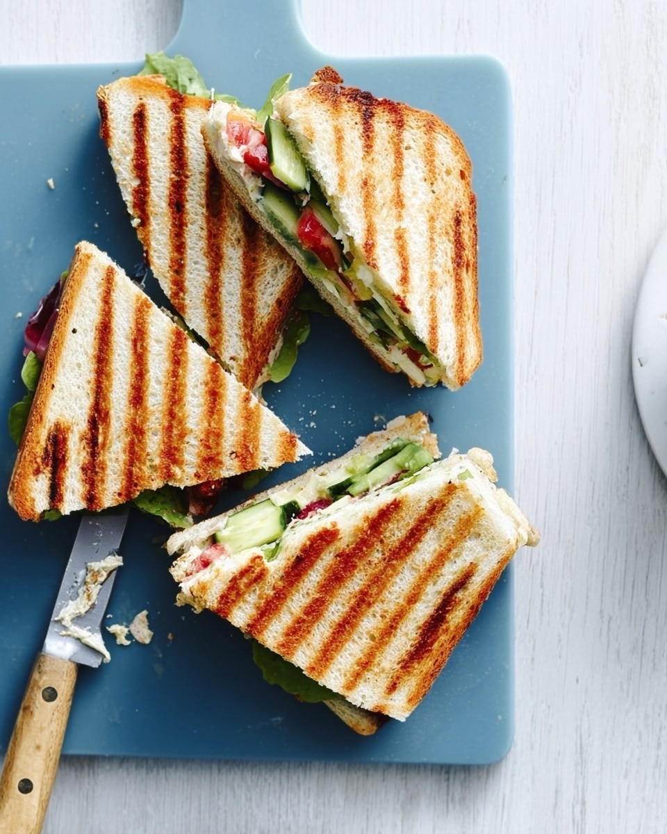 A white grilled sandwich cut into four pieces is placed on a blue cutting board on a white marbled surface. The sandwich has two layers of filling: a green leafy layer and a creamy white layer with red bits. The bread is golden brown with clear grill marks, showing a crispy texture. A silver knife with some red spread on it lies next to the sandwich pieces. Photo taken with an iphone --ar 4:5 --v 7
