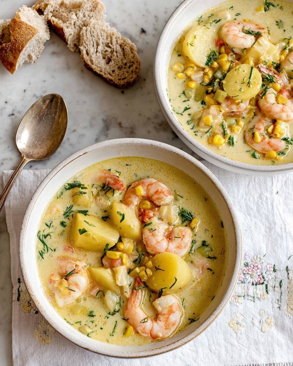 Two white bowls sit on a white marbled textured cloth with lace detail at the bottom. Each bowl holds a creamy yellow soup with three main layers: at the bottom are small yellow potatoes cut in half, the middle layer has light pink cooked shrimp scattered evenly, and the top layer is a mix of yellow corn kernels and chopped green herbs sprinkled on top. To the right, pieces of torn bread are placed on the cloth. A silver spoon rests at the bottom left near one of the bowls. The overall texture shows a smooth broth with chunky ingredients floating in it, making the dish look warm and inviting. photo taken with an iphone --ar 4:5 --v 7