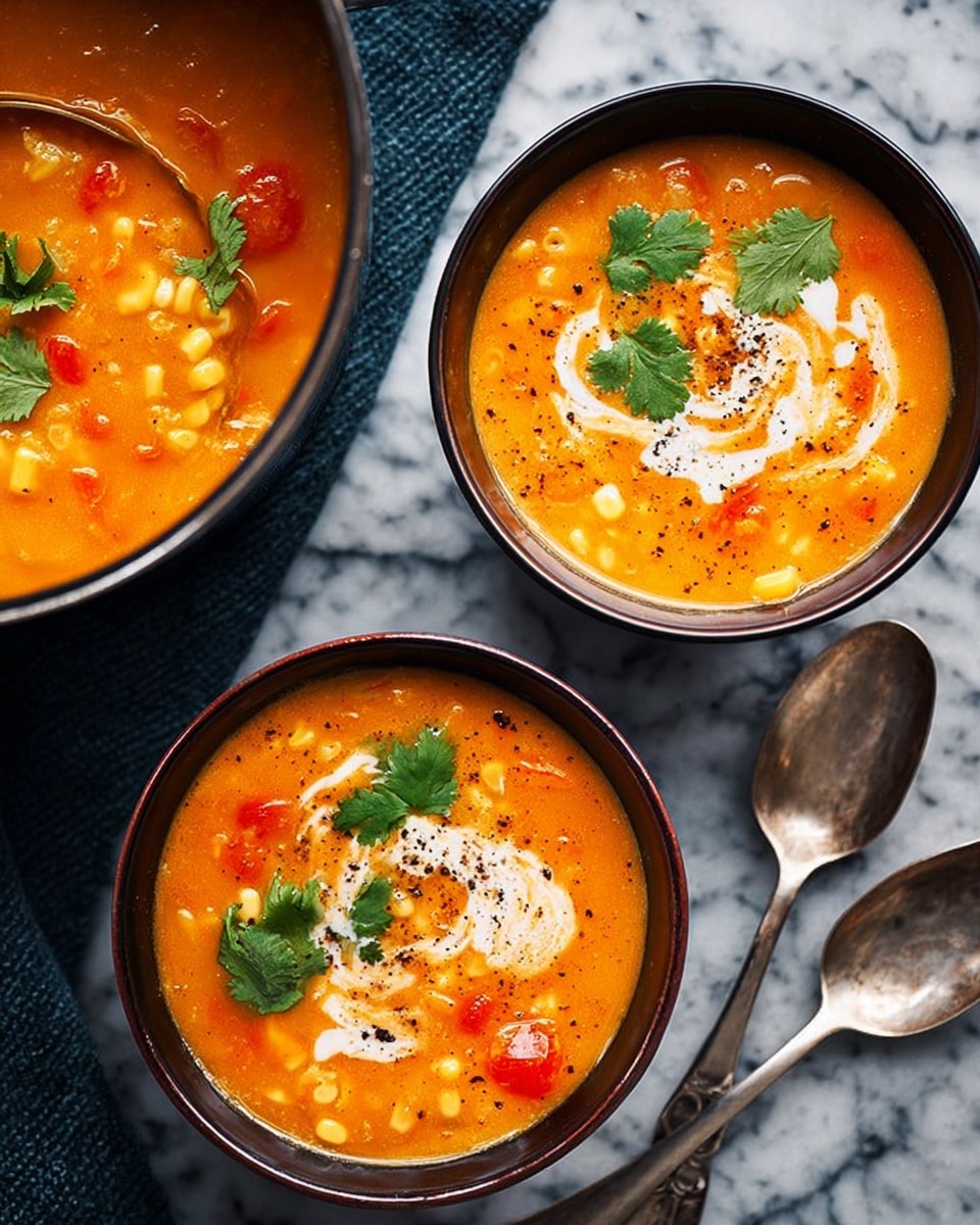 Two white bowls filled with bright orange-red tomato soup with visible chunks of tomato and small pieces of pasta. Each bowl has a swirl of white cream in the center, topped with green cilantro leaves and a sprinkle of black pepper. The bowls are placed on a dark blue textured surface with two silver spoons nearby. A black pot with more soup and a ladle is partially visible in the top left corner. photo taken with an iphone --ar 4:5 --v 7