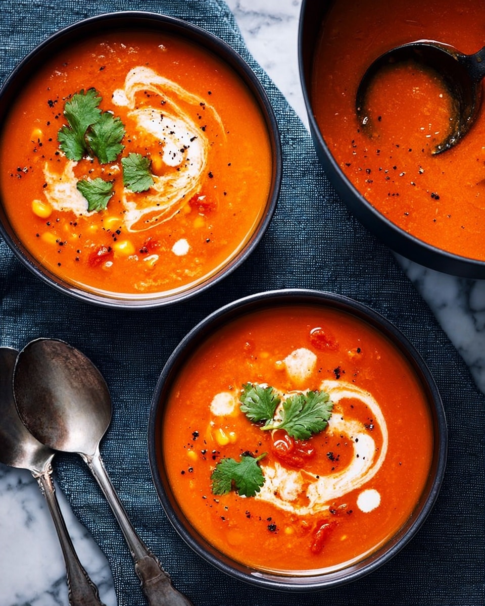 Two bowls of bright orange tomato soup sit on a table with a white marbled texture. Each bowl has one main layer of thick, smooth soup with visible pieces of tomato and other vegetables. On top, there are swirls of white cream and fresh green cilantro leaves scattered in three spots on each. Small black pepper flakes are sprinkled over the cream. A silver spoon lies next to each bowl. In the top left corner, part of a pot filled with the same soup is visible, showing the rich texture of the soup. photo taken with an iphone --ar 4:5 --v 7