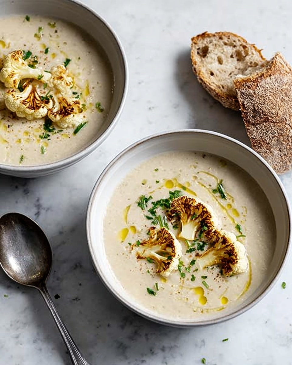 Two white bowls filled with creamy cauliflower soup sit on a white marbled surface. Each bowl has three browned cauliflower florets floating on top, adding texture and a golden-brown color contrast to the smooth, pale soup. The surface of the soup is drizzled with light golden olive oil and sprinkled with small green parsley leaves and cracked black pepper. Next to the bowls, there are pieces of torn brown bread adding a rustic feel to the scene. A silver spoon lies above one bowl, completing the simple, homey setting. Photo taken with an iphone --ar 4:5 --v 7