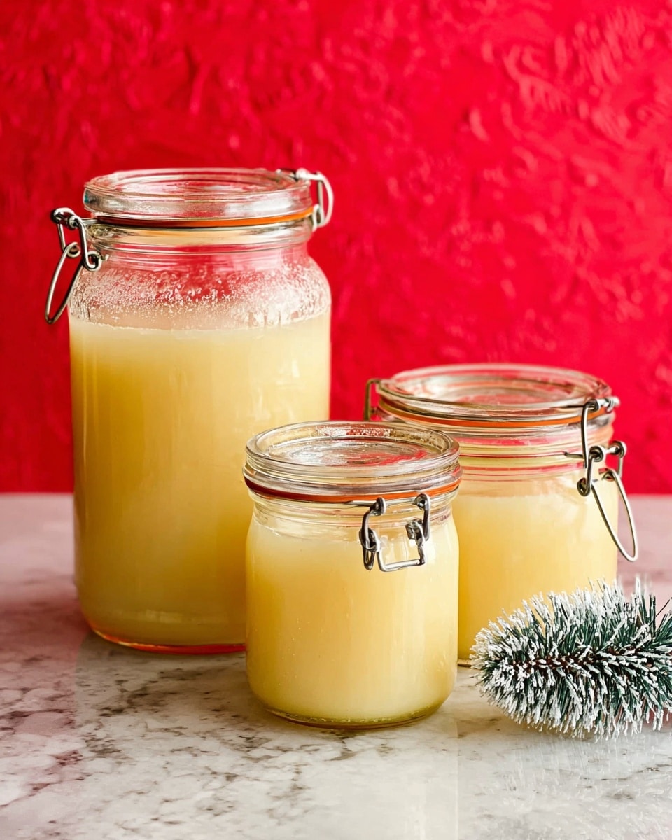 The image shows three glass jars filled with a pale yellow liquid. The tallest jar is open and placed on the left, showing a frothy surface. Two smaller jars with metal clasps and lids are positioned on the right, one slightly behind the other. All jars are set on a white marbled surface, with a bright red textured background. To the far right, there are small decorative pine trees, giving a hint of a holiday theme. photo taken with an iphone --ar 4:5 --v 7