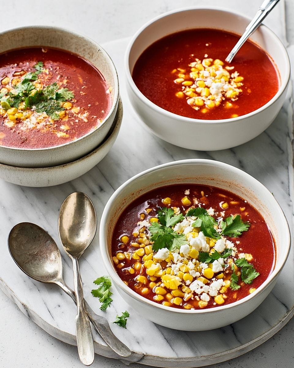 Three bowls of soup sit on a wooden tray over a white marbled surface. Each bowl is white with a light beige bottom half. The soup is a deep red color, filled with small chunks of food. Two of the bowls have topping layers: one has a layer of grilled corn kernels and a few cilantro leaves, the other has a layer of grilled corn, golden brown crumbles, and a spoon inside. A metal spoon lies on the tray beside the bowls, and a clear glass of water is at the back. Photo taken with an iphone --ar 4:5 --v 7