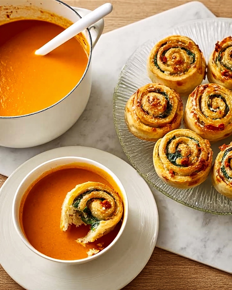 The image shows a white bowl filled with bright orange creamy soup and a white jug with more soup inside it, with a wooden spoon resting in the jug. Next to these, there is a white plate holding seven round savory rolls that are golden brown on the outside with green herbs and possibly cheese visible in the swirled layers. A few pieces of the roll are broken apart and placed near the plate. Everything is laid out on a white marbled surface. photo taken with an iphone --ar 4:5 --v 7