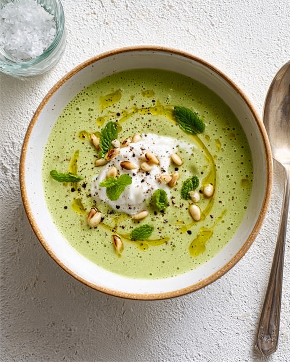 A bowl of green soup with a smooth texture, topped with a dollop of white creamy yogurt or sour cream in the center. Around the cream, there are small pine nuts scattered and a few small green mint leaves. Thin swirls of golden olive oil are drizzled over the soup and cream. The soup is served in a white bowl, placed on a white marbled surface next to a silver spoon. photo taken with an iphone --ar 4:5 --v 7