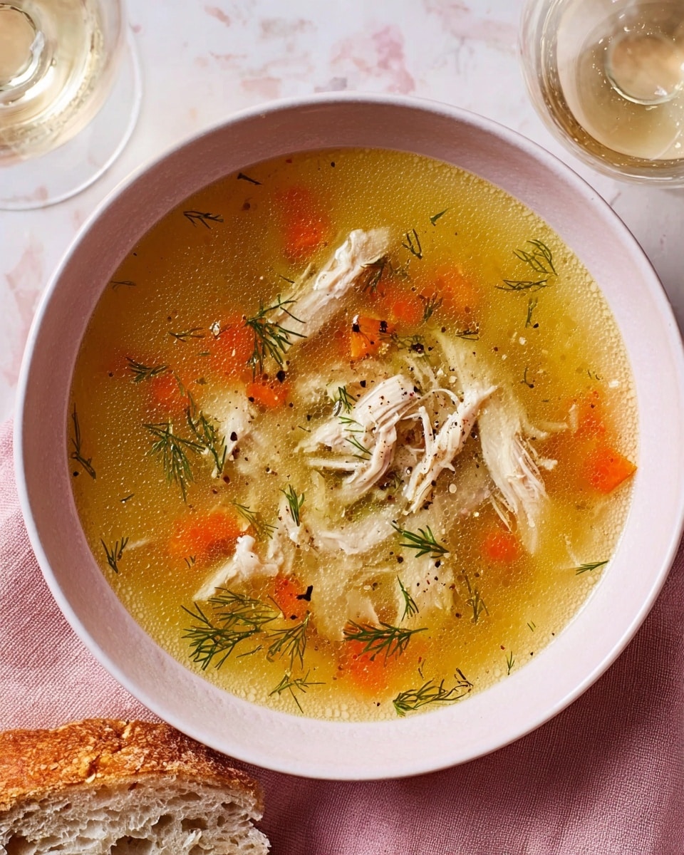 A white bowl filled with clear chicken soup is placed on a white marbled surface covered with a pale pink cloth. The soup has a golden-yellow broth with visible oil droplets on the surface. Inside the broth, there are several pieces of shredded white chicken meat, small orange carrot cubes, and some green dill sprigs floating on top. A piece of crusty bread with a rough texture is placed to the side of the bowl. A clear glass with a light drink is placed partially at the top right corner of the image. Photo taken with an iphone --ar 4:5 --v 7