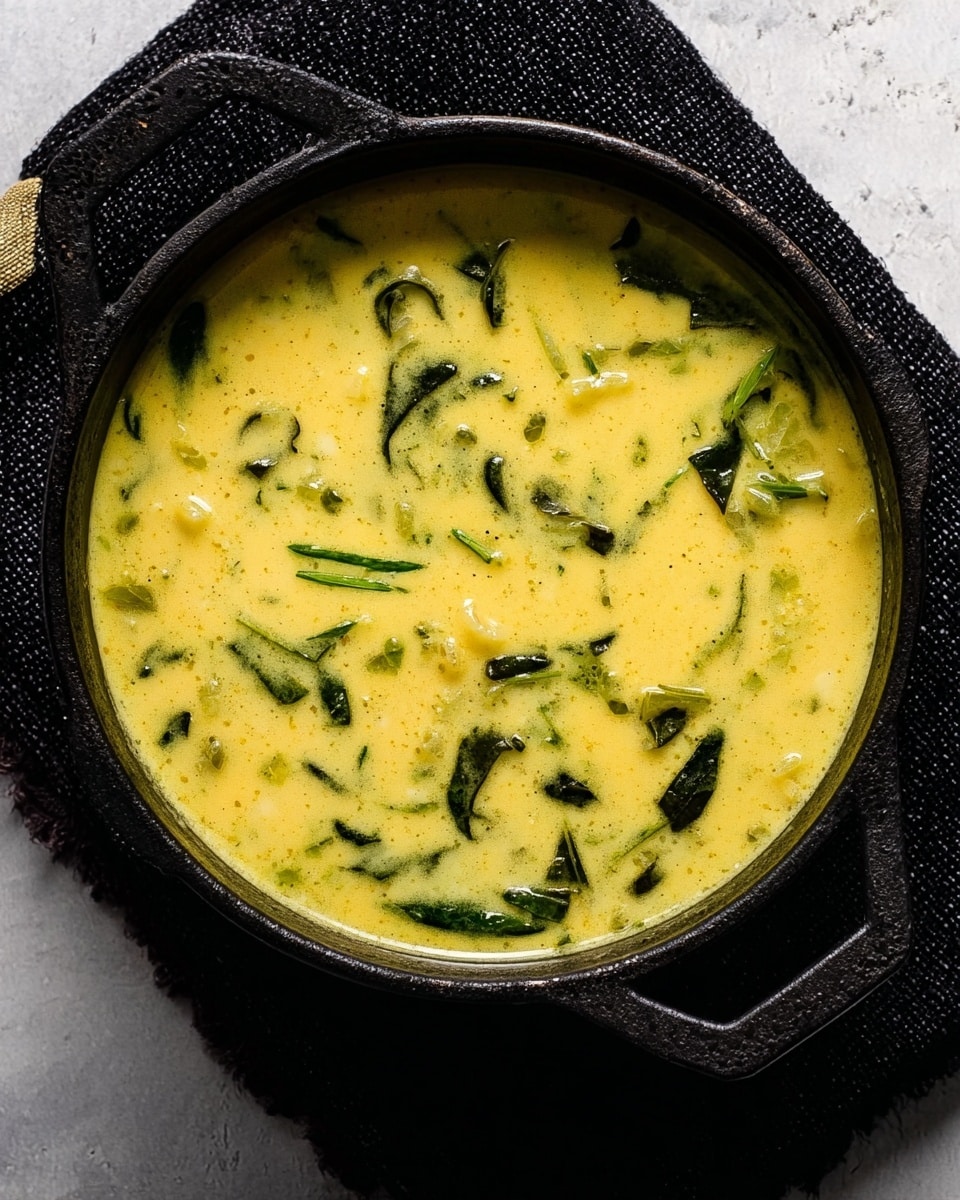 A black cast iron pot filled with a creamy yellow soup that has a smooth texture and visible pieces of vegetables and greens scattered throughout; small leafy greens float on the surface, adding dark green patches against the yellow base. The soup appears thick and rich, with soft chunks of vegetables giving it a slightly uneven texture. The pot sits on a white marbled surface with a black cloth nearby, and a small piece of lime can be seen at the bottom right corner. photo taken with an iphone --ar 4:5 --v 7