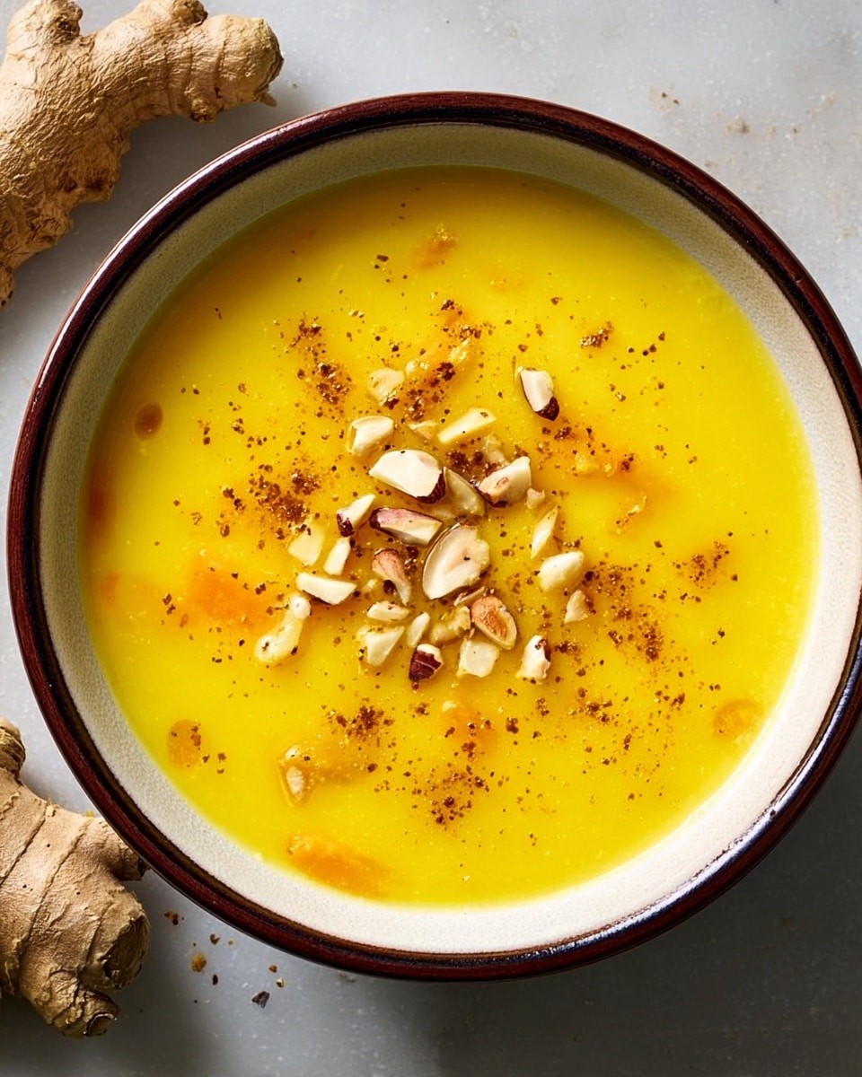 The image shows a round bowl with a dark exterior and white interior, filled with a smooth, bright yellow soup. The soup has a creamy texture with small pieces of orange chunks visible inside. On top, there is a small pile of chopped almonds scattered in the center, with a light sprinkle of brown spice powder spread gently over the nuts. The bowl rests on a white marbled surface, and a small piece of ginger is placed near the top right corner. Photo taken with an iphone --ar 4:5 --v 7