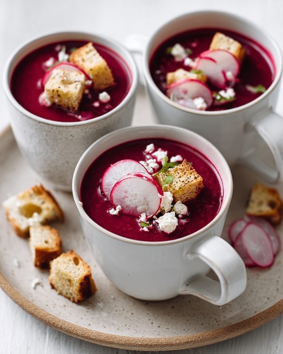 The image shows three white mugs filled with a deep red soup, sitting on a round beige plate with a cracked pattern. Each mug has a red soup base with small white cheese pieces and golden brown croutons floating on top. Thin slices of radish are placed on the soup surface and around the plate, adding a light pink and white contrast. The beige plate rests on a white marbled surface. photo taken with an iphone --ar 4:5 --v 7