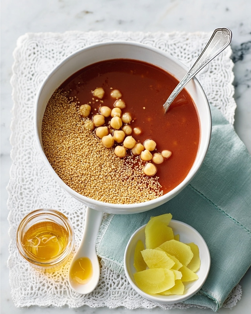 A white bowl filled with a thick, dark reddish-brown soup that has a smooth texture, topped on one side with a heap of small pale beige chickpeas, on another side with a round pile of fine light beige grains, and in the center with thinly sliced pieces of pale yellow ginger. A silver spoon is resting inside the bowl. Next to the bowl, there is a small glass jar filled with golden honey and a tiny white spoon resting beside it on a white lace cloth. A small white bowl contains several light yellow pickled ginger slices. All items are set on a soft pale blue cloth over a white marbled surface. Photo taken with an iphone --ar 4:5 --v 7