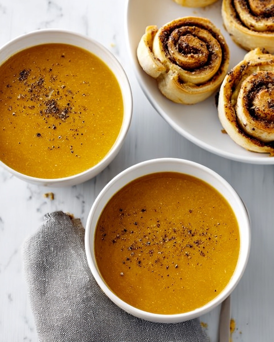 The image shows three white bowls filled with smooth, orange soup topped with a light sprinkle of black pepper. The bowls are placed on a white marbled surface with a light gray cloth napkin nearby. Next to the bowls, there are three small cinnamon rolls with a golden brown, slightly toasted top and soft swirled layers visible. The scene is clean and bright, giving a fresh and cozy feel. Photo taken with an iphone --ar 4:5 --v 7