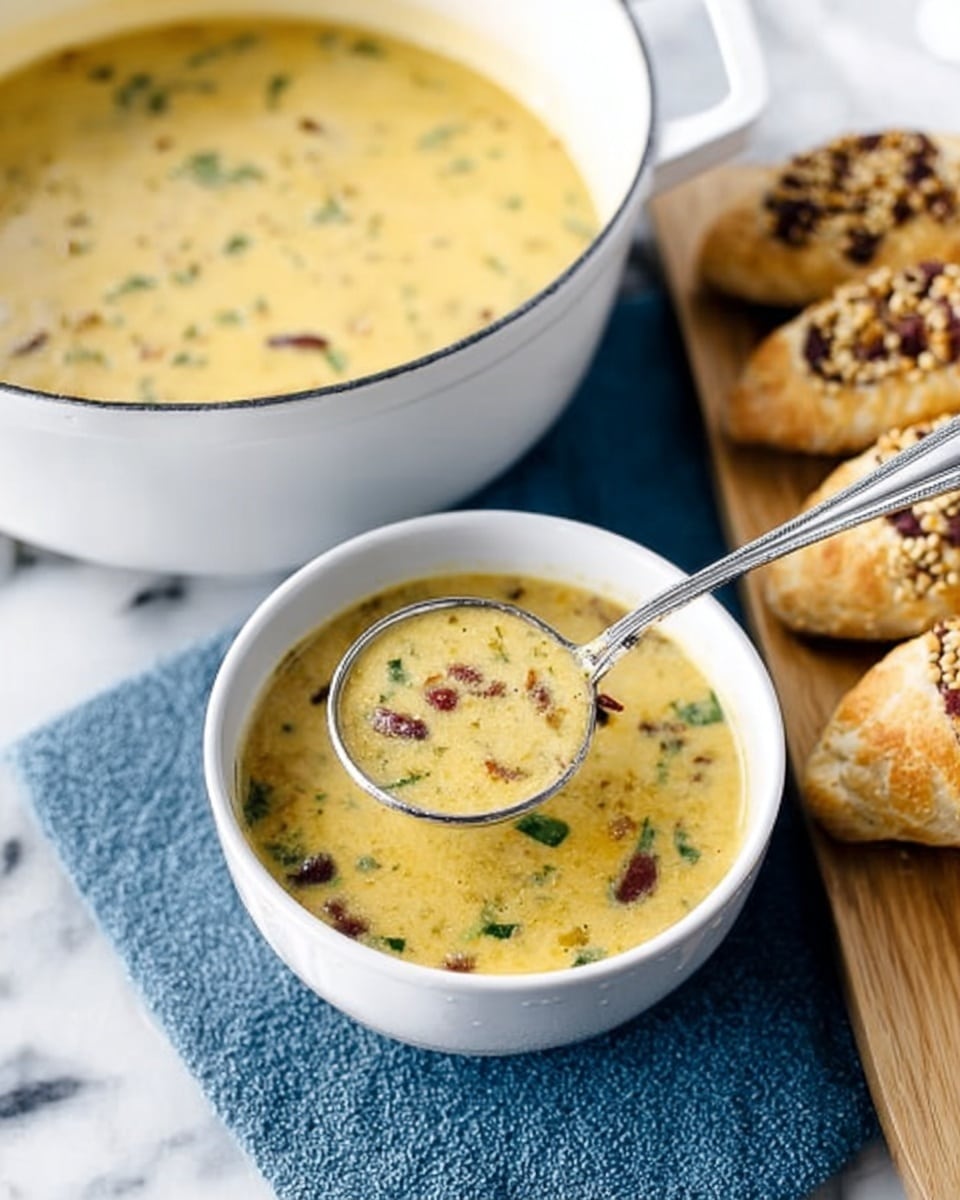 A white bowl filled with thick soup that is light yellow with small pieces of green herbs and dark red beans floating on the surface. Behind the bowl is a large white bowl with the same soup, and a metal ladle is lifting some soup from it, showing the smooth and creamy texture with visible beans and herbs inside. Next to the large bowl, four crescent-shaped bread pieces with a golden brown, crunchy topping are placed on a wooden board, all set on a white marbled surface with a dark blue cloth underneath. Photo taken with an iphone --ar 4:5 --v 7