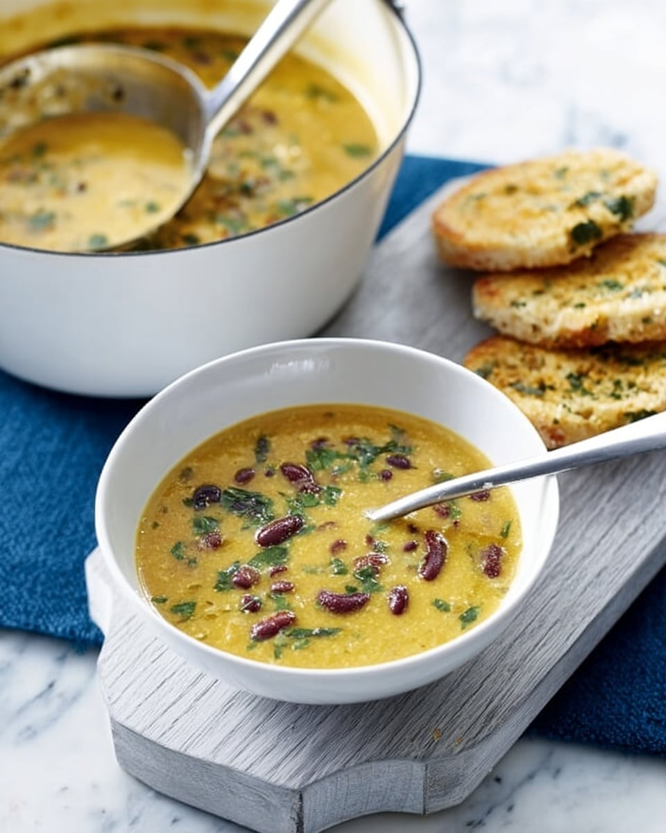 The image shows a white bowl filled with yellow soup that has visible pieces of red beans and green herbs, creating a mix of colors and textures. A silver ladle, held by a woman's hand, is lifting some of the soup, showing its creamy and chunky consistency. Behind the bowl, there is a large white pot filled with the same soup placed on a wooden board. On the side of the board, there are three round, light golden pieces of bread or crackers with a crispy texture. The setting is on a white marbled surface with a blue cloth underneath the board, adding contrast to the scene. photo taken with an iphone --ar 4:5 --v 7