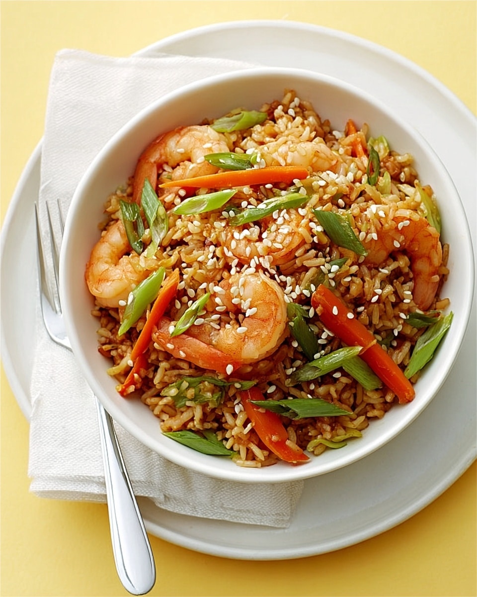 The image shows a white bowl filled with fried rice mixed with small shrimp, sliced orange carrots, and green onions. The rice is brown with a glossy look, indicating sauce, and the shrimp are pink and curled. White sesame seeds are sprinkled on top, adding texture. The bowl sits on a white plate with a white napkin underneath it, and there is a fork resting on the edge of the plate. The background is a white marbled surface with soft light. Photo taken with an iphone --ar 4:5 --v 7