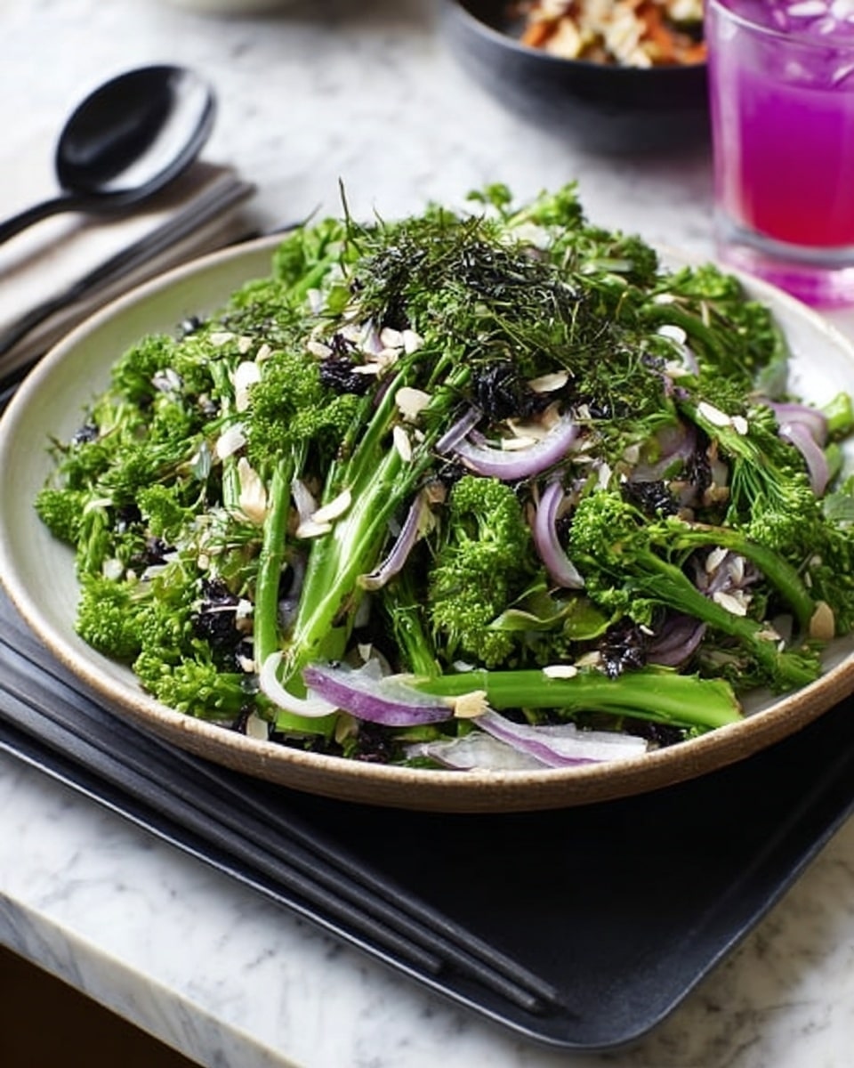 A white shallow bowl filled with a fresh salad made of bright green broccolini stalks and dark green leafy herbs, topped with thin slices of caramelized purple-red onions and sprinkled with light-colored almond slivers. The bowl sits on a black rectangular plate with a pair of black chopsticks and a white spoon resting beside it on a dark surface. A purple drink in a transparent glass is placed in the blurred white marbled background. Photo taken with an iphone --ar 4:5 --v 7