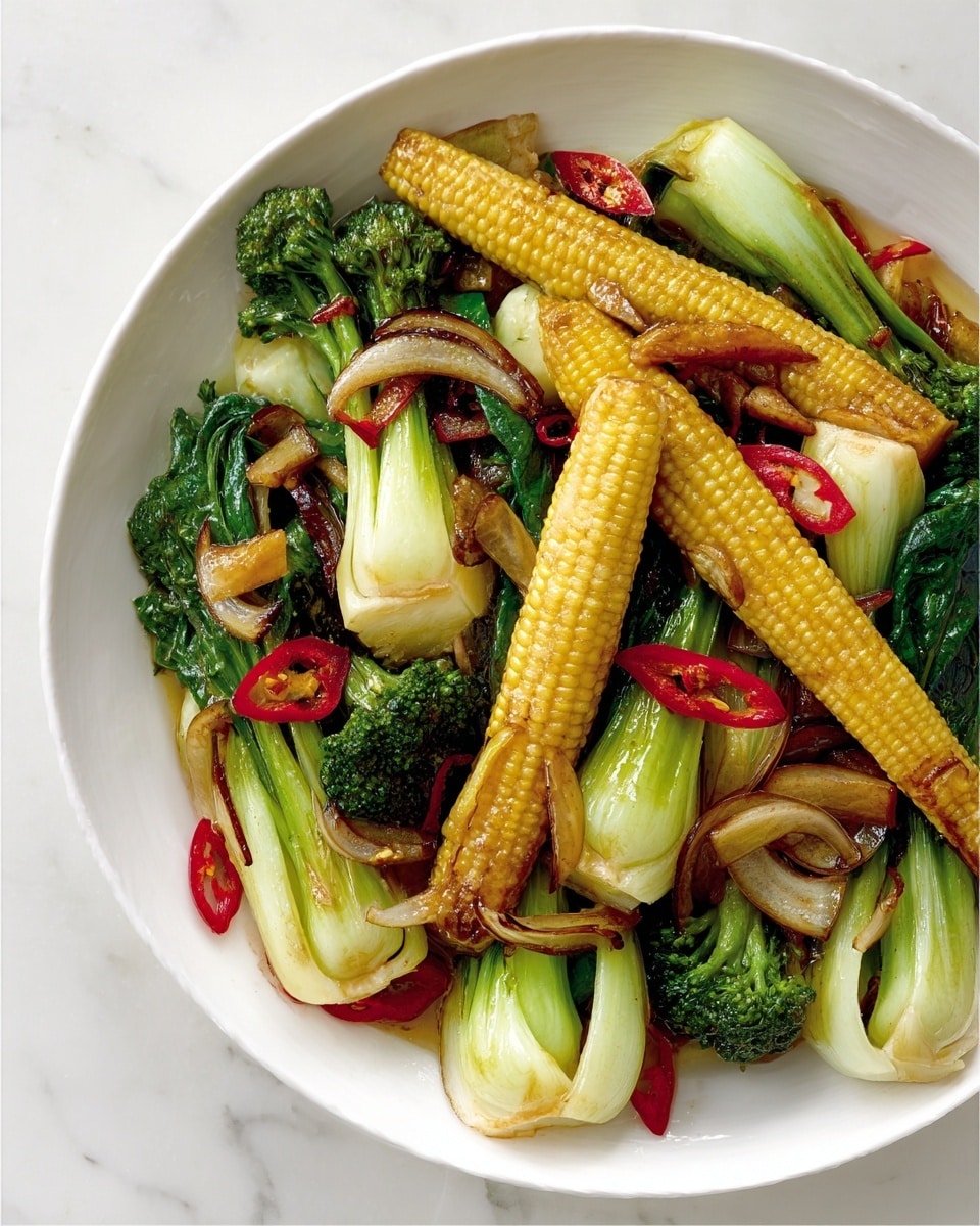 A white bowl filled with a colorful mix of cooked vegetables, including baby corn with a pale yellow color and a slightly rough texture, green broccolini stems with small florets, sautéed onions with a light brown and translucent appearance, thin slices of red chili pepper scattered on top, and pale green slices of bok choy with slightly charred edges arranged evenly among the vegetables. The bowl sits on a white marbled surface. Photo taken with an iphone --ar 4:5 --v 7