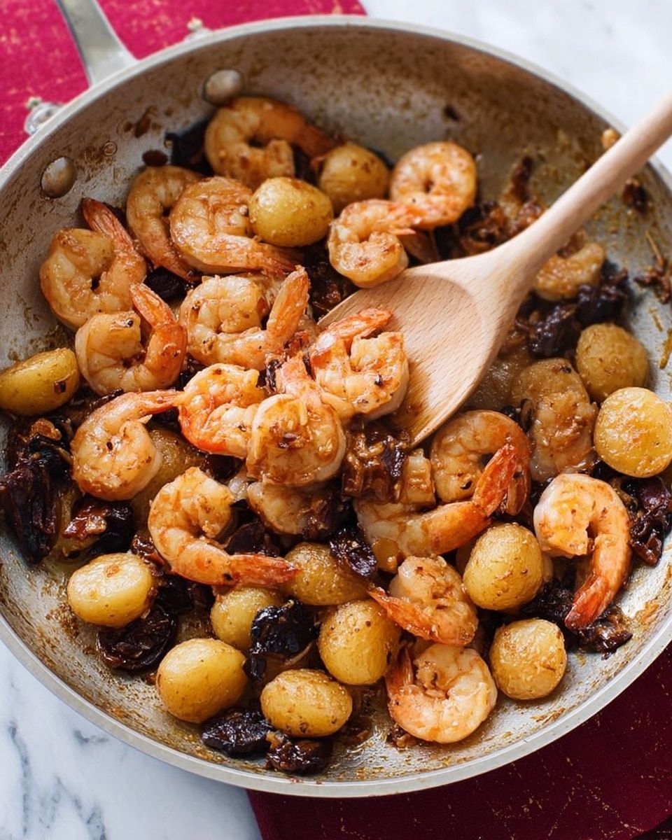 The image shows a metal pan filled with cooked shrimp and small round potatoes mixed with dark olives and bits of garlic. The shrimp are orange with a slightly shiny texture, and the potatoes have a light brown, soft appearance. A wooden spoon is resting inside the pan, holding a few shrimp and potatoes. The pan sits on a white marbled surface with a red cloth partially visible at one edge. Photo taken with an iphone --ar 4:5 --v 7