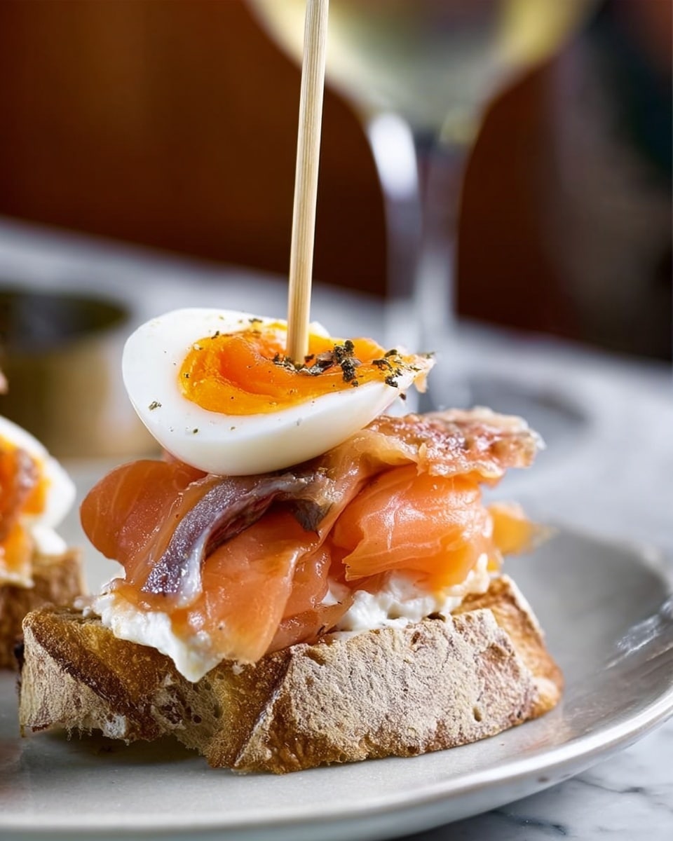 The image shows a small open sandwich on a piece of crusty bread with a rough texture. The bottom layer is a creamy white spread on the bread. On top of that, there is a thin layer of bright orange smoked salmon, folded loosely. Above the salmon, a halved soft boiled egg with a vibrant orange yolk and white is placed, sprinkled with black pepper. Two small, thin anchovy fillets lie across the egg. The sandwich is held together with a wooden stick and sits on a white plate, all on a white marbled surface. A woman's hand is slightly visible holding a similar sandwich nearby. Photo taken with an iphone --ar 4:5 --v 7