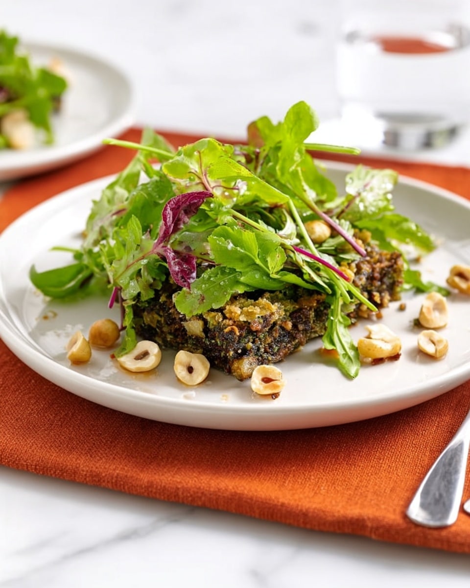 A white plate holds a layered salad dish on a white marbled surface. The bottom layer appears to be a mix of cooked, dark green and brown vegetables with a textured, slightly crumbly look. On top of this is a layer of fresh, bright green arugula leaves, adding a lively, crisp texture. Scattered around and on the salad are whole, light brown hazelnuts, adding small round shapes and color contrast. The plate is set on an orange cloth napkin, with a clear glass of water and a silver fork visible in the blurry background. Photo taken with an iphone --ar 4:5 --v 7
