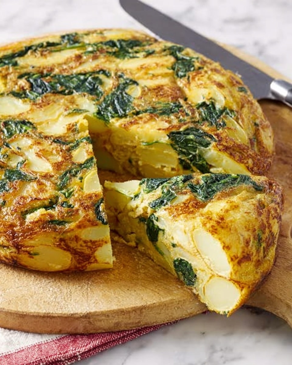A round potato and spinach frittata cut into slices sits on a wooden board placed on a white marbled surface. The top layer is golden brown with slightly crispy edges, showing textured potato slices and dark green spinach leaves embedded within the yellow egg mixture. The frittata is thick, with a visible soft inner layer of cooked potatoes and spinach. A large knife with a silver blade rests beside the frittata, ready to cut more slices. Photo taken with an iphone --ar 4:5 --v 7
