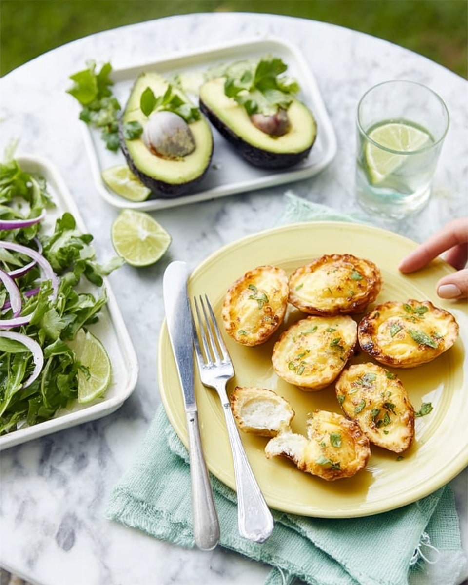 The image shows a white round table with a white marbled texture surface. On it, there is a light green plate holding seven golden-brown baked dumplings, each with a slightly crispy texture and sprinkled with seasoning, arranged neatly in a circle. One dumpling is cut open, showing a creamy white filling inside. To the side of the plate, two silver forks rest on a folded pale green napkin. In the background, a white rectangular bowl contains fresh green salad leaves mixed with thin white onion slices, and next to it, a white rectangular plate holds halved green avocados with their dark brown seeds and lime wedges, along with green cilantro leaves. Photo taken with an iphone --ar 4:5 --v 7