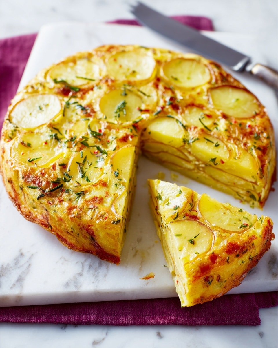 A round frittata with a golden, slightly crispy top is shown on a white cutting board with a purple ribbon underneath; the frittata has visible slices of potato and green herbs mixed throughout the thick, creamy egg layer. One triangular slice is cut and slightly pulled out from the main circle, showing soft, pale yellow layers inside with scattered potato slices, while a silver knife rests beside it on the board. The background is a white marbled texture. Photo taken with an iphone --ar 4:5 --v 7