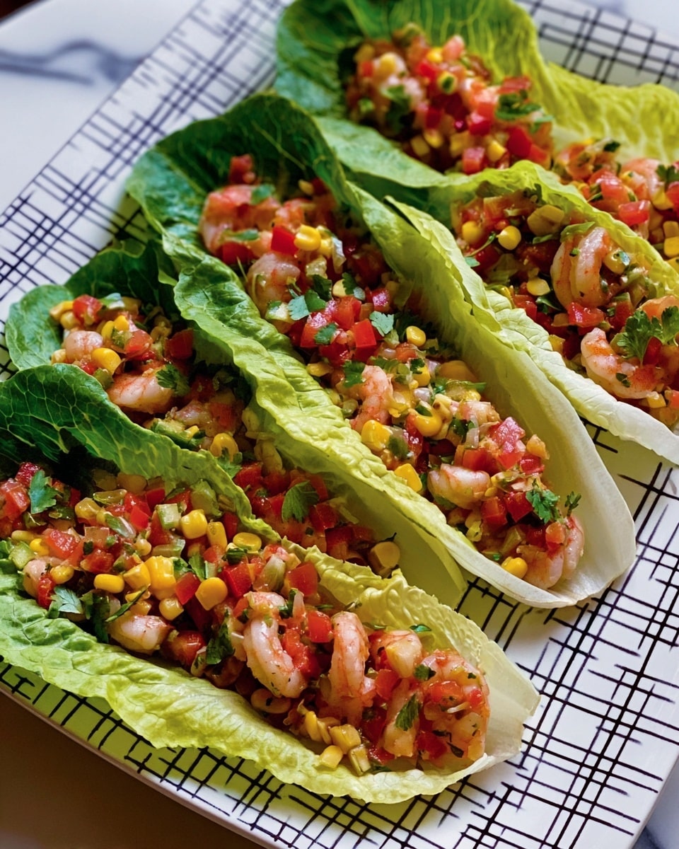 The image shows four large, bright green lettuce leaves used as cups, each filled with a colorful mix of small cooked shrimp, diced red and yellow bell peppers, and fresh green herbs, all sitting on a white plate with a black grid pattern. The shrimp have an orange-pink color with a slightly shiny texture, while the vegetables add both vibrant reds, yellows, and greens to the filling. The leafy cups are placed on a white marbled surface, creating a clean and fresh look. photo taken with an iphone --ar 4:5 --v 7