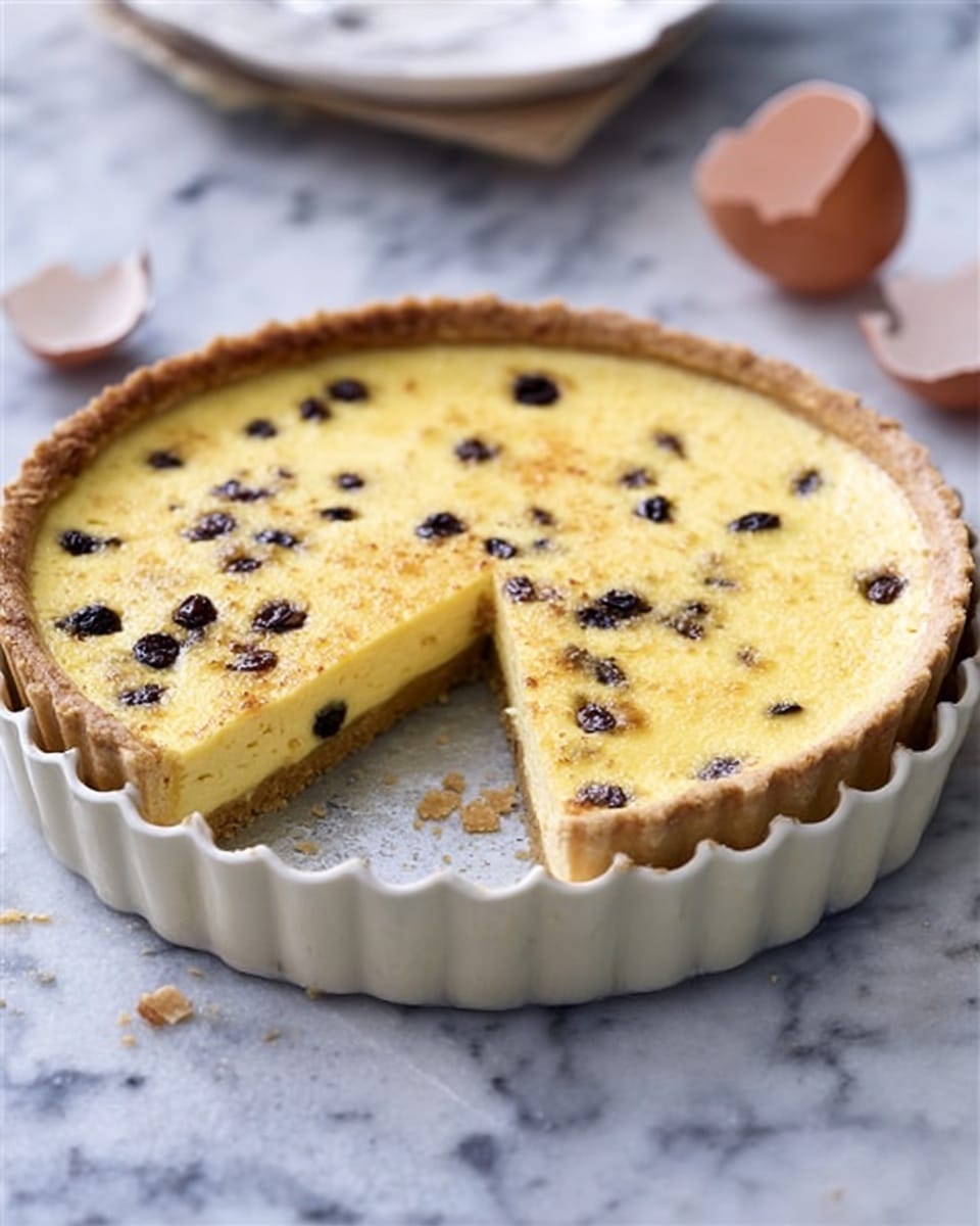 A round tart with a crimped, light golden crust forms the base layer, holding a smooth, pale yellow filling with small dark raisins scattered throughout. One slice is missing, showing the crust edge and filling thickness clearly. The tart is in a dark metal fluted tart pan placed on a white marbled surface with some eggshells and a white bowl blurred in the background. photo taken with an iphone --ar 4:5 --v 7