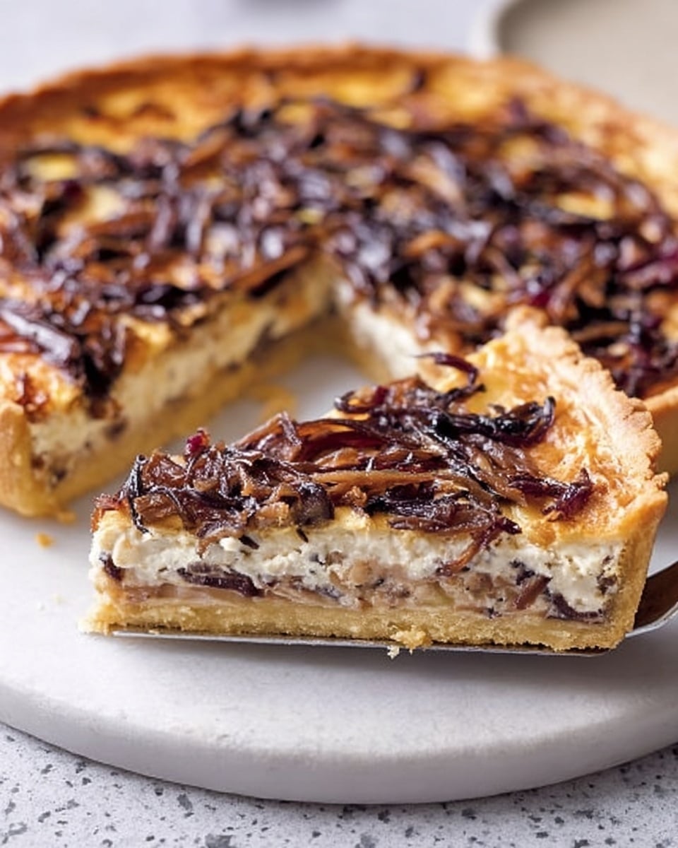 This image shows a savory tart sliced into pieces on a white plate placed on a white marbled surface. The tart has a golden crust forming the base and sides, with a thick layer of creamy filling inside. On top, there is a generous layer of cooked dark brown and light purple caramelized onions, spread evenly across the surface. One slice is slightly separated, with a silver knife resting next to it. A woman's hand is reaching toward the tart from the left side. Photo taken with an iphone --ar 4:5 --v 7
