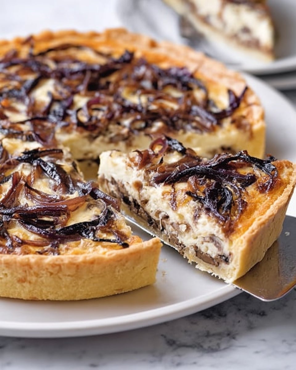 A white plate holds a savory tart with a golden-brown crust that is thick and firmness visible along the edges. The first layer inside the crust is creamy and pale, possibly a cheese or egg base. On top, there is a mix of cooked dark brown and deep purple caramelized onions scattered unevenly across the creamy layer, giving a slightly rough texture. A metal spatula is lifting one slice, showing the layers clearly and the soft inside. The plate rests on a white marbled surface with a light purple cloth nearby. The photo taken with an iphone --ar 4:5 --v 7