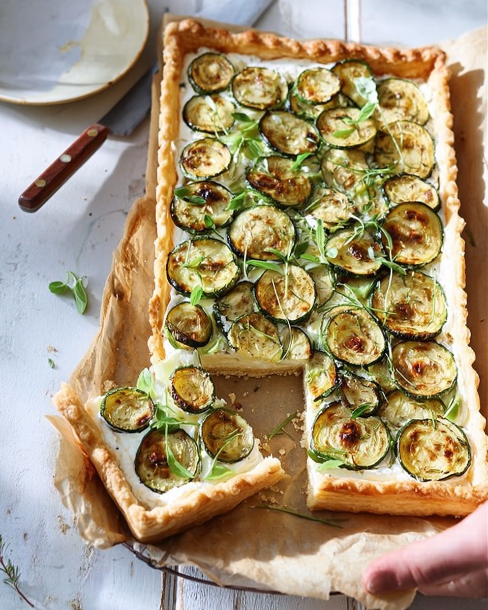 A rectangular tart on white parchment paper on a white marbled surface, with a golden-brown puff pastry crust forming the thick outer layer. Inside, a creamy white spread covers the crust evenly as the second layer. On top, slices of roasted zucchini form a dense, slightly browned third layer, arranged close together. Thin strips of fresh green basil are scattered across the top, adding a bright contrast. A white knife with a brown handle lies next to the tart, and a white cloth is placed under the pan. Photo taken with an iphone --ar 4:5 --v 7