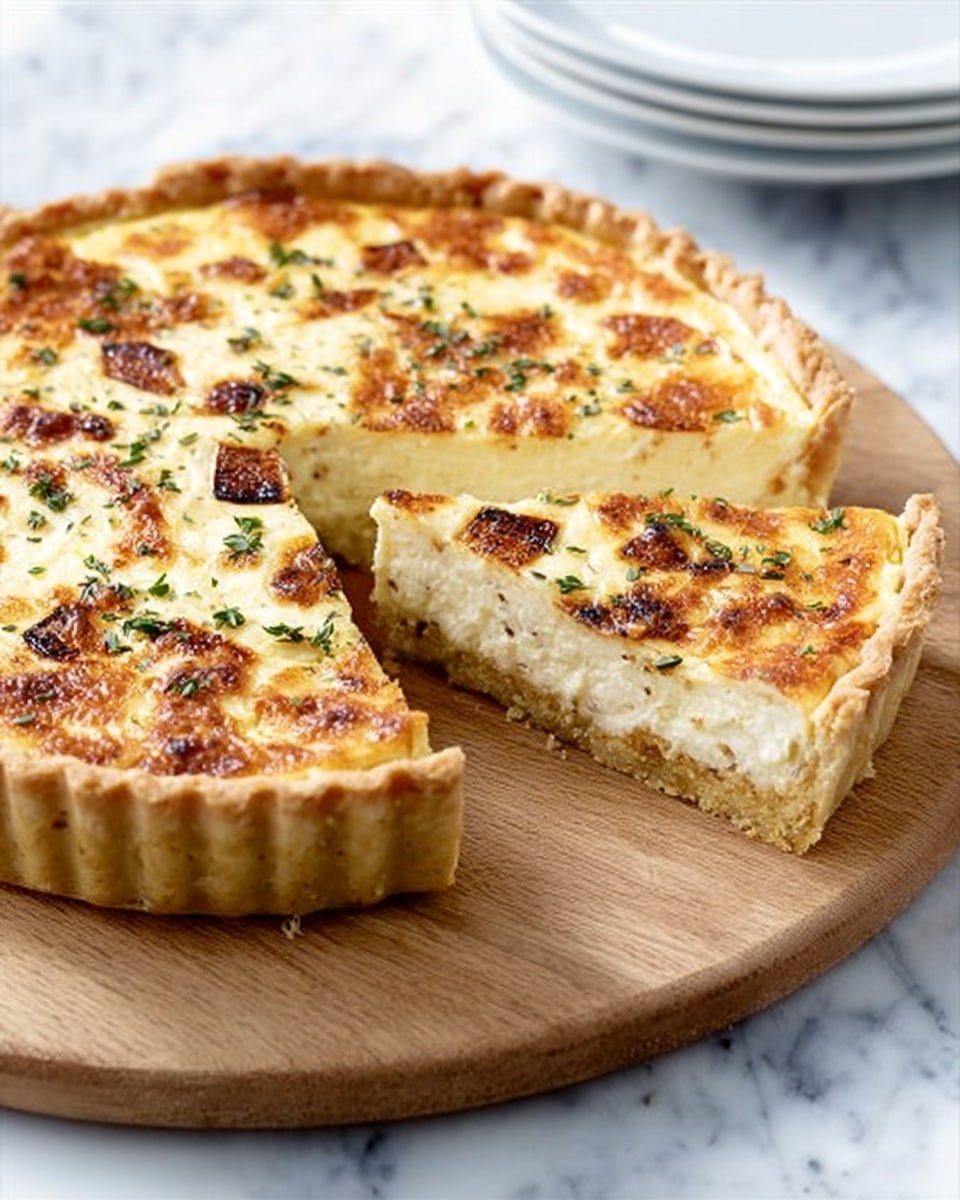 The image shows a round tart with one slice removed, placed on a white marbled wooden board. The tart has three visible layers: a light brown crispy crust at the bottom with a fluted edge, a thick creamy white filling in the middle, and a golden brown top decorated with small toasted brown bits and green herb leaves scattered across the surface. The tart is resting on a white marbled surface with a few stacked white plates visible in the background. Photo taken with an iphone --ar 4:5 --v 7