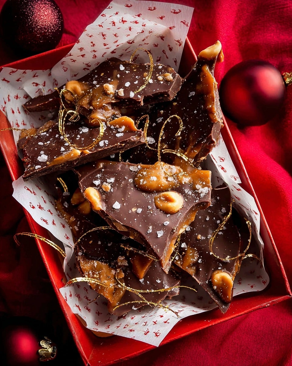 The image shows a pile of dark chocolate peanut bark pieces placed in a white box lined with holiday-themed paper. Each piece has a base layer of smooth, dark chocolate, topped with whole light golden roasted peanuts and a sprinkling of coarse sea salt. Some pieces also have a caramel layer on top with a slightly glossy, rich golden-brown texture. Thin golden ribbons are scattered through the bark pieces, adding a festive touch. The box sits on a white marbled surface with red holiday ornaments partially visible around the edges. photo taken with an iphone --ar 4:5 --v 7