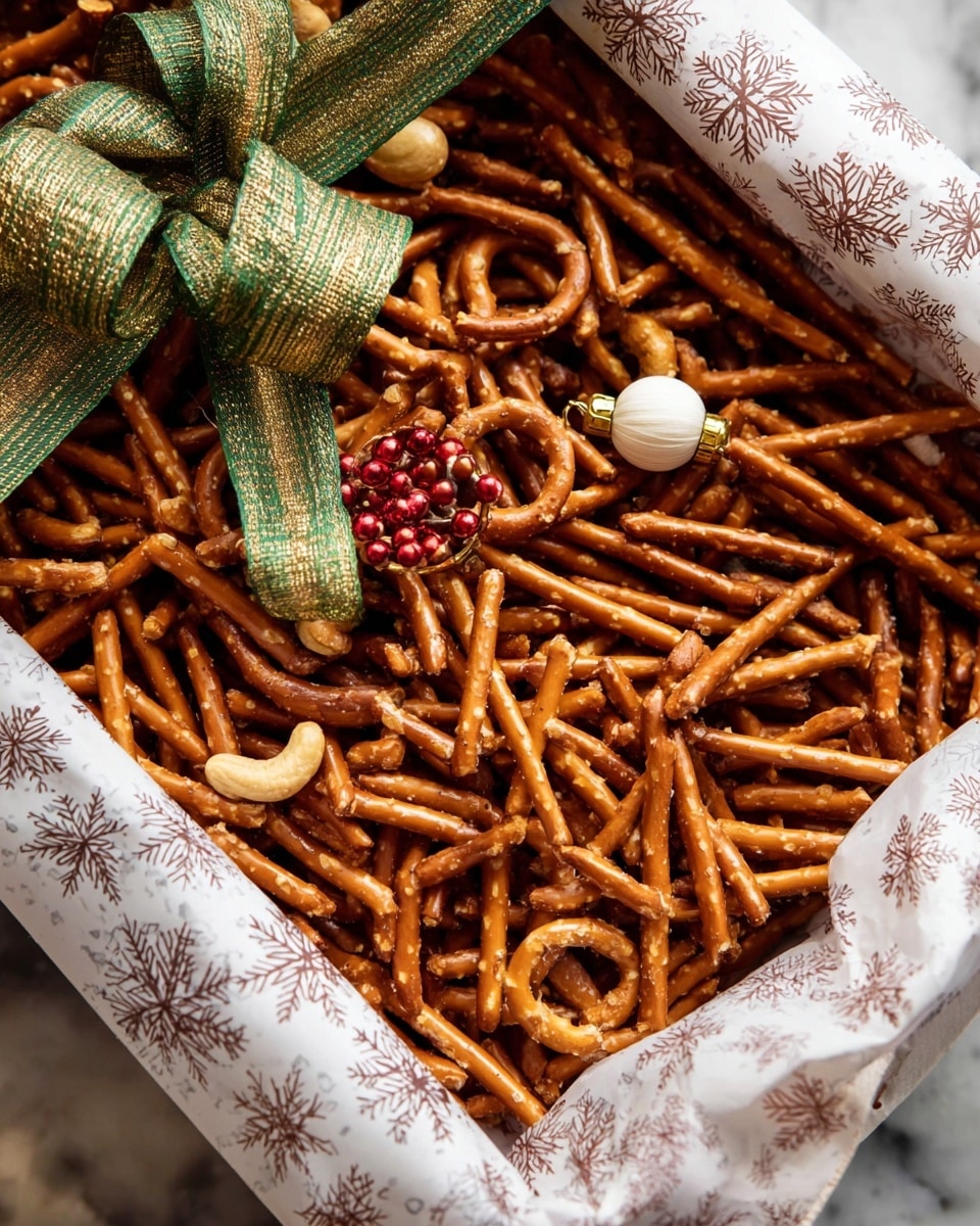 A close-up of a white box filled with many dark golden brown pretzel sticks, some seasoned with a light coating of spices. Scattered among the pretzels are a few light beige cashew nuts. A dark green ribbon with gold patterns winds through the pretzels. At the top center of the box, a white ornament decorated with red and brown beads is partially visible. The box is lined with white paper that has faint red snowflake prints. The background is a white marbled texture. Photo taken with an iphone --ar 4:5 --v 7