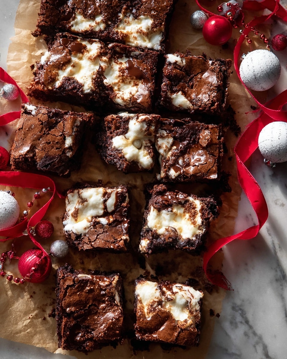 A close-up view of a batch of chocolate marshmallow brownies cut into square pieces. The top layer is cracked dark brown chocolate with gooey melted marshmallow spreading unevenly throughout, creating a mix of dark chocolate and creamy white textures. The marshmallow oozes between the thick, rich chocolate pieces, showing a soft, sticky texture underneath. The brownies rest on light brown parchment paper placed on a white marbled surface, with a red ribbon weaving around them and white Christmas ornaments decorated with red glitter bows nearby. The warm lighting highlights the rough, chunky texture of the brownies and the shiny gloss of the marshmallows. photo taken with an iphone --ar 4:5 --v 7