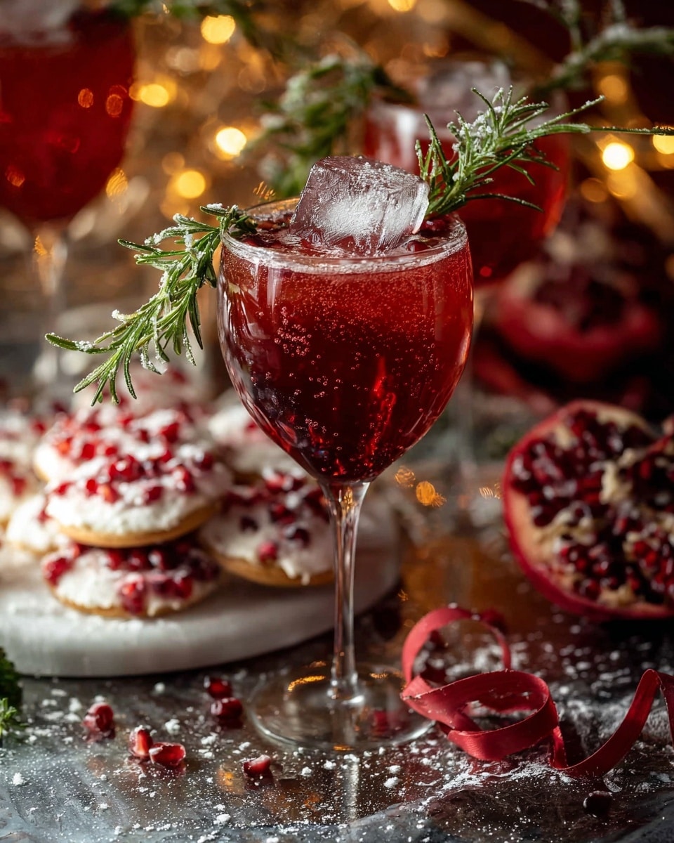 The image shows a festive red drink served in a clear glass with a wide bowl and a thin stem. The drink is deep red with small bubbles and has a large clear ice cube floating on top. Resting on the ice cube and drink are bright red pomegranate seeds and a green rosemary sprig covered in a light frost or powdered sugar. Around the glass on the white marbled surface are scattered white powdered sugar and red pomegranate seeds. A deep red ribbon curls along the surface near the glass. In the background, there are additional similar drinks and round white ornaments decorated with red lines and beads, all placed on a reflective gold tray with some powdered sugar sprinkled around. Warm soft lights glow in the background, adding a cozy holiday feel. Photo taken with an iphone --ar 4:5 --v 7