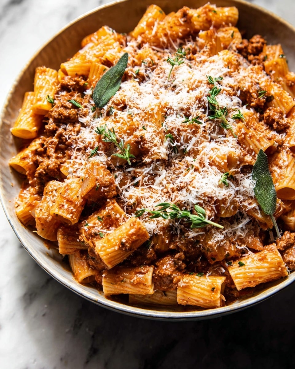 A close-up of a large white bowl filled with rigatoni pasta covered in a creamy reddish-brown meat sauce, with small bits of cooked ground beef visible in the sauce. The pasta layers are thick, tubular, and coated evenly. On top, finely shredded white cheese is scattered generously, with green fried herb leaves and small sprigs of fresh herbs scattered for garnish. The bowl sits on a white marbled surface, and the overall image has warm, rich tones that emphasize the texture and colors of the pasta and sauce. photo taken with an iphone --ar 4:5 --v 7