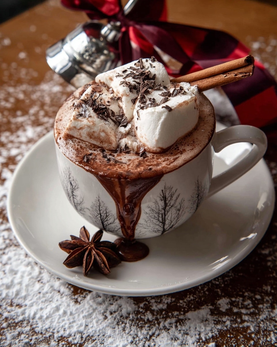 A white cup filled with rich, frothy hot chocolate that overflows slightly, sitting on a white saucer. On top of the drink are three large, soft white marshmallows with small chocolate shavings scattered on them. Two cinnamon sticks rest on the cup's edge along with a single star anise. The cup is set on a wooden table with a dusting of powdered sugar and a silver jingle bell tied with a red ribbon nearby, all against a white marbled texture background. photo taken with an iphone --ar 4:5 --v 7